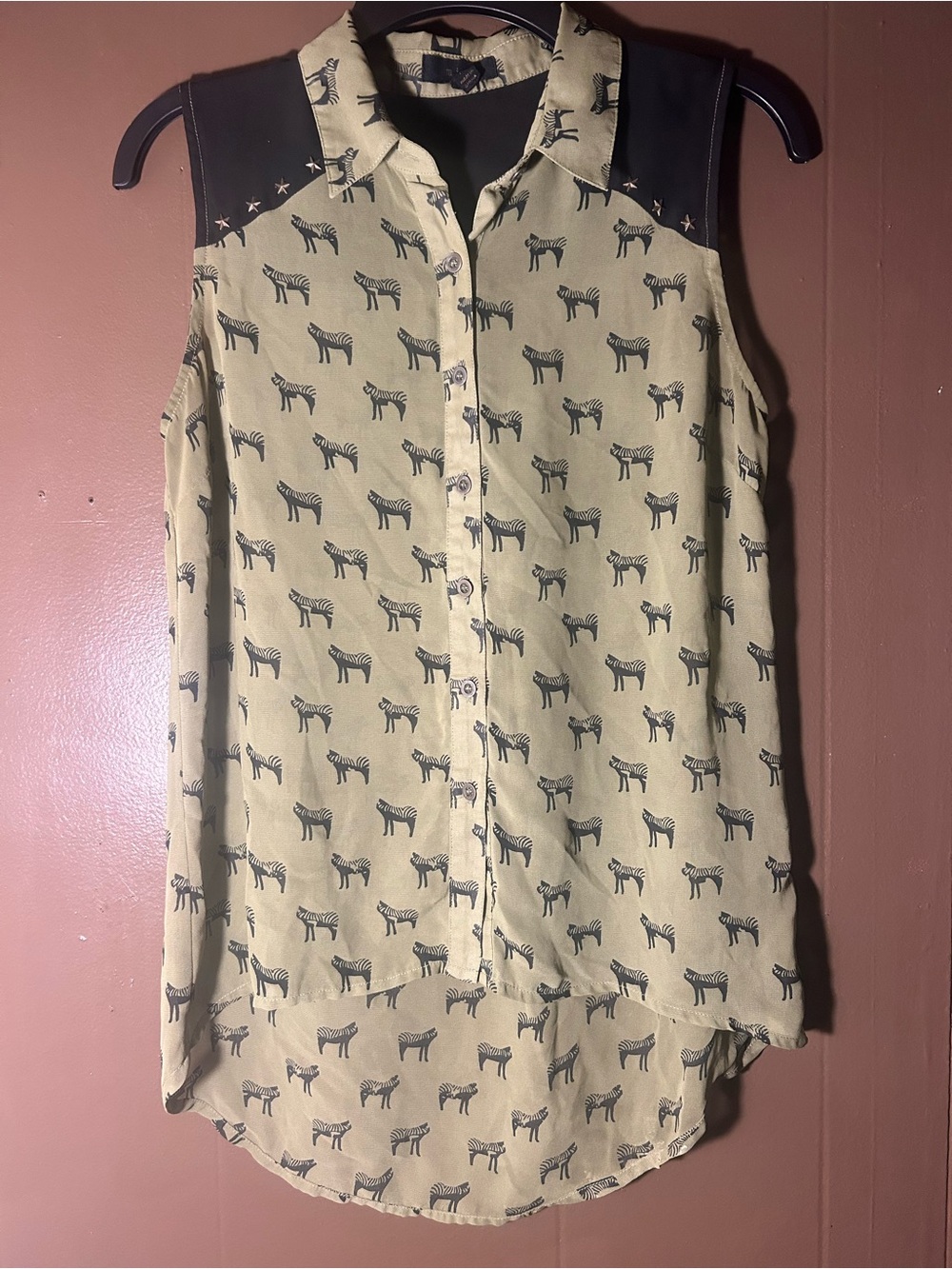 Mine Brand Olive Green And Black Zebra Top, Button down Blouse